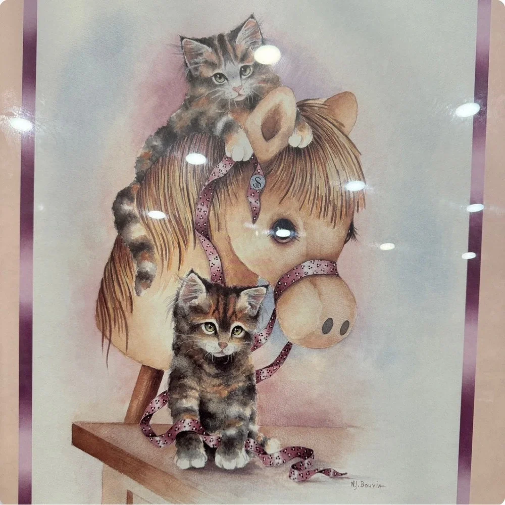 Vtg N.J. Bouvia Framed Kitten & Horse‎ Print 16x20 Nursery Wall Art 1980s Pastel